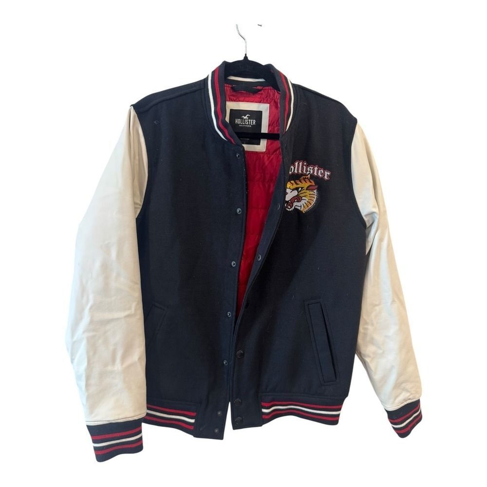 Hollister Jacket Mens Medium Varsity Bomber Faux Leather Tiger 22 Patch Black Wh